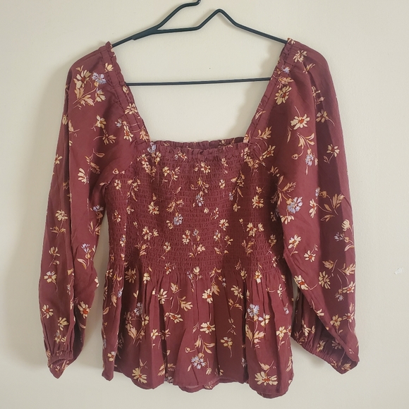 Nwt Madewell Lucie Smocked Square Neck Peplum Blouse Beatrice Floral Dark Merlot - Picture 4 of 7
